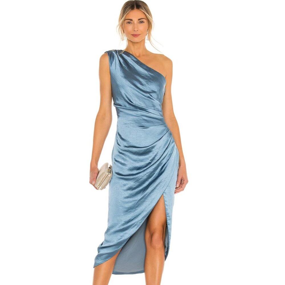 Elliatt One-Shoulder Satin Midi Dress in Steel Blue